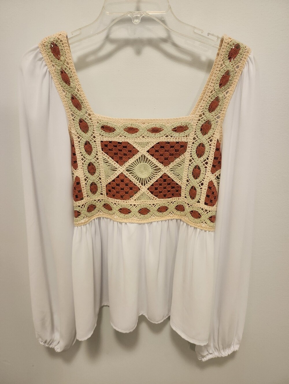 Mazik Boho Crochet Panel Peplum Top - White with Rust Accents - Picture 2 of 5
